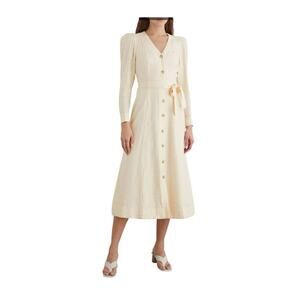 IRIS & INK Adrienne Belted Crinkled-Crepe Midi Dress Cream Off White Size 6